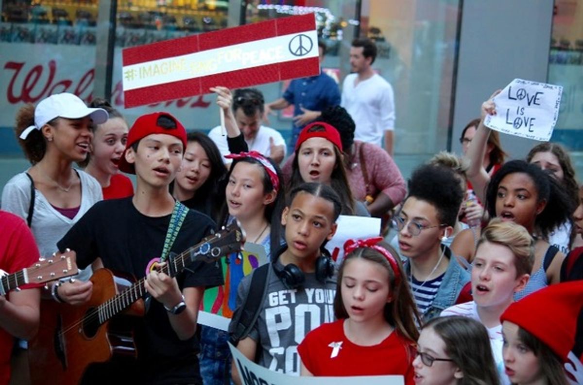 Young people from the Broadway community sing John Lennon's 'Imagine' for peace at 